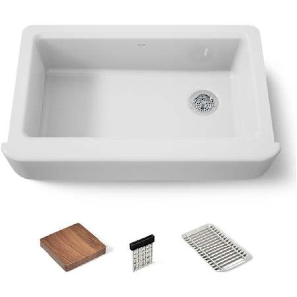 Kohler K-28874-0 Tempered 35-5-8" x 21-5-16" x 9" Undermount Single-Bowl Farmhouse Workstation Kitchen Sink with Tall Apron