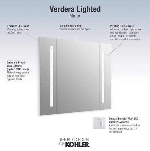 Kohler K-99573-TLC-NA Verdera 40" W x 33" H Modern Rectangular Frameless Bathroom Mirror with LED Lighting
