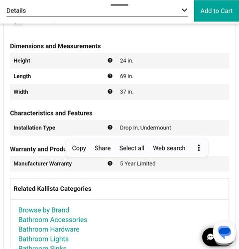 Kallista Perfect 69" Acrylic Soaking Bathtub Drop In or Undermount Installation