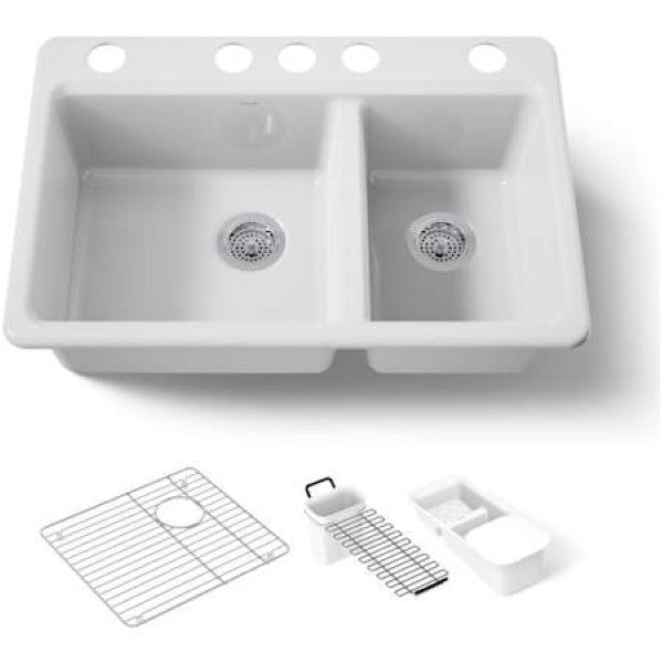 Kohler K-8669-5UA3-0 Riverby 33 Undermount 60-40 Double Basin Enameled Cas @