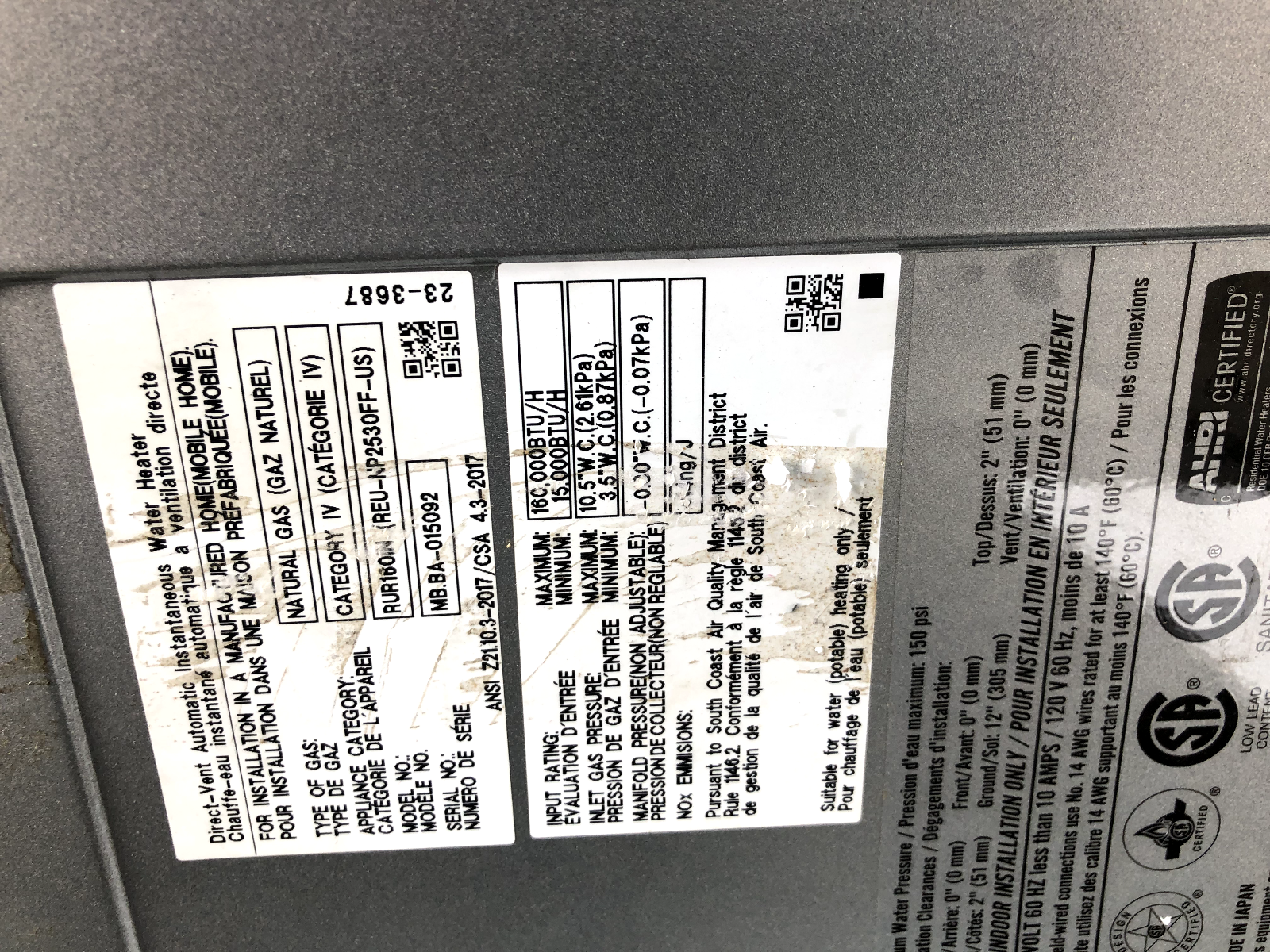 Rinnai RUR160iN Water Heater WITH Dings, Power Tested
