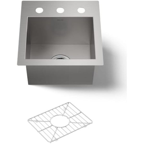 Kohler K-3840-3-NA Vault 15" Drop In or Undermount Single Basin Stainless Steel Bar Sink with Sink Rack and Three Faucet Holes