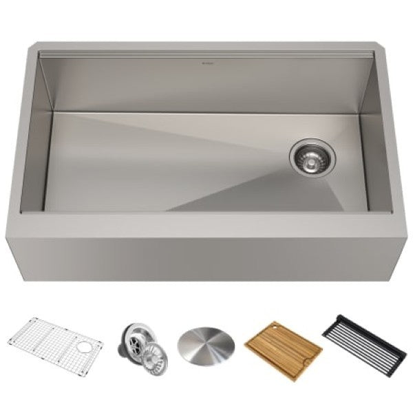 Kraus KWF410-33 Kore 32-7-8" Farmhouse Single Basin Stainless Steel Kitchen Sink with Basin Rack, Basket Strainer, Cutting Board, and Drain Board