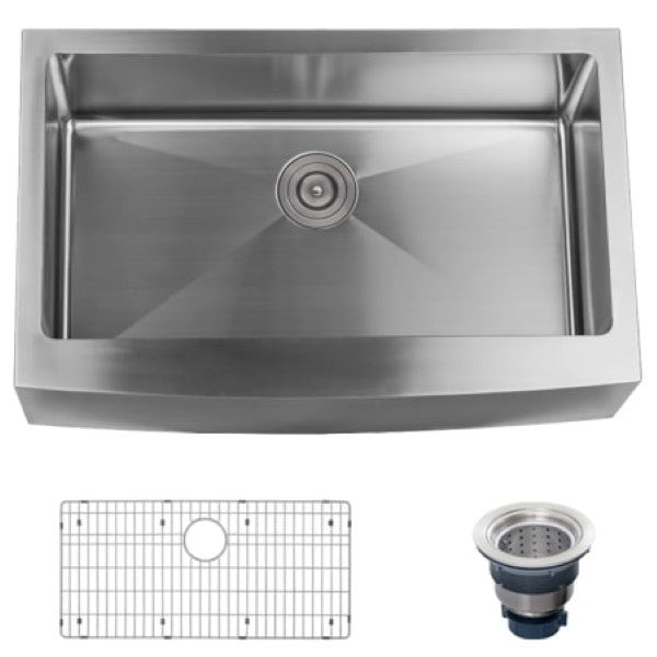Miseno MNO163320F Farmhouse 33 Single Basin Stainless Steel Kitchen Sink wit