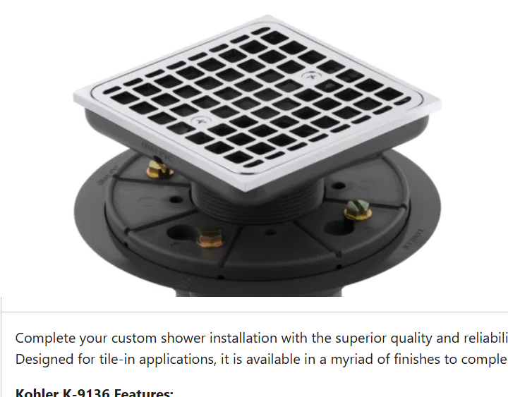 Kohler K-9136-CP Clearflo Square Design Tile-In Shower Drain
