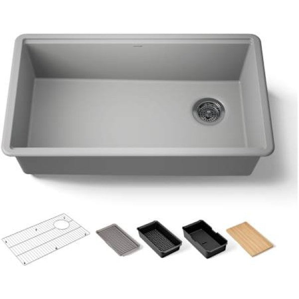Kohler K-33710-PC-CM4 Billings 32-1-2" Undermount Single Basin Neoroc Composite Workstation Kitchen Sink with Basin Rack, Colander, Cutting Board, and Soaking Bin