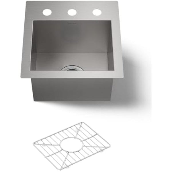 Kohler K-3840-3-NA Vault 15" Drop In or Undermount Single Basin Stainless Steel Bar Sink with Sink Rack and Three Faucet Holes