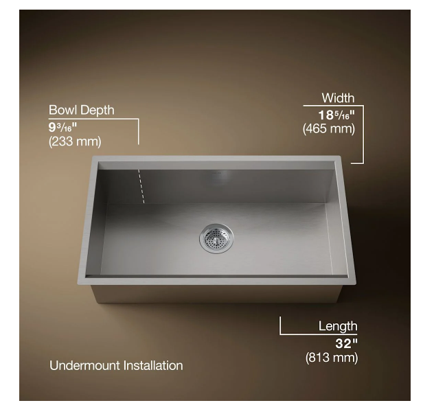 Kohler K-28876-NA Tempered 32-1-4" Undermount Single Basin Stainless St